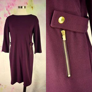 CHICO'S Ponte Stretch Knit Sheath Dress 00 XS 0 2 Gold Metal Zipper Maroon